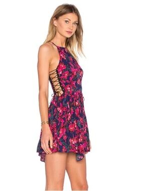 NBD Navy Floral Halter Mini Dress with Pink Flowers Print Sz S